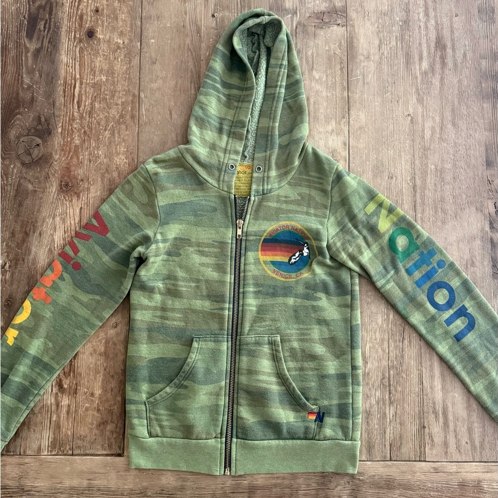 Aviator Nation Size 10 Kids Green Camo Zip Hoodie with Rainbow Logo